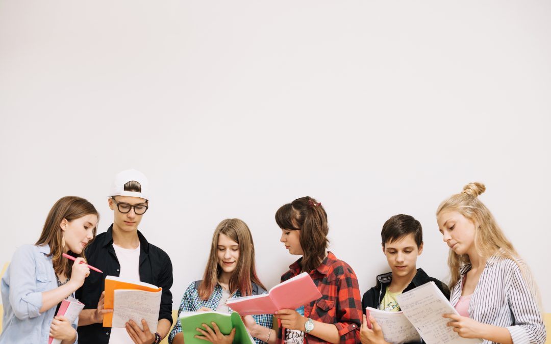 students posing and coworking on white